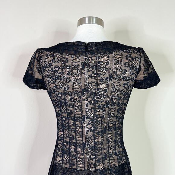 Tadashi Shoji | Black Lace Nude Illusion Formal Cocktail Designer Mini Dress 2 - Picture 7 of 10